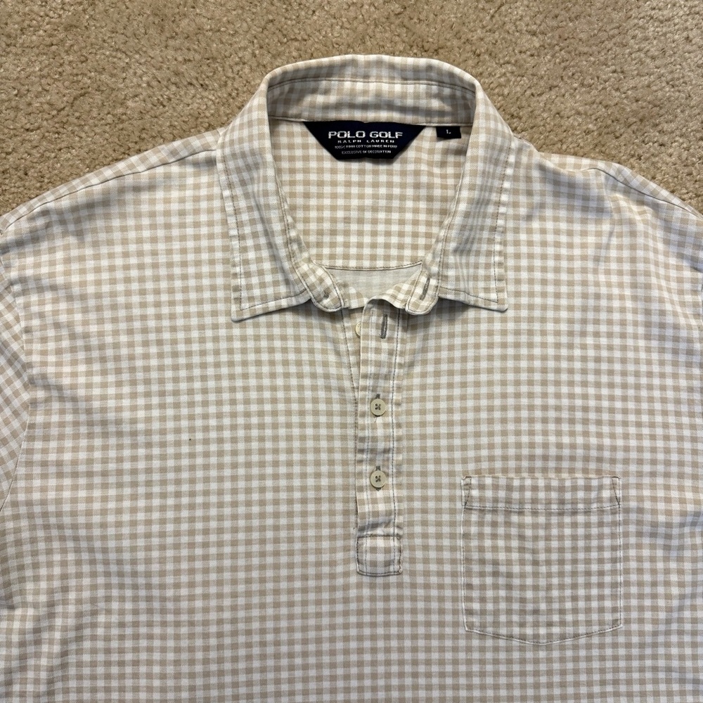 Polo‎ Golf by Ralph Lauren Mens Polo Shirt Tan/White Check Gingham Pima Cotton